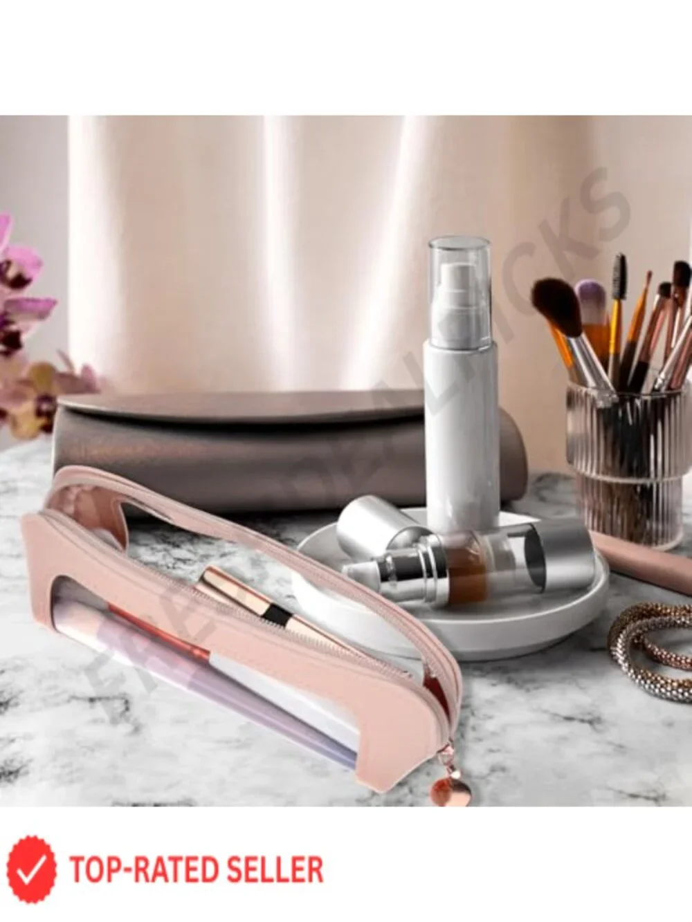 PU Leather Transparent Makeup Brush Travel Bag Toiletry Holder with Zipper
